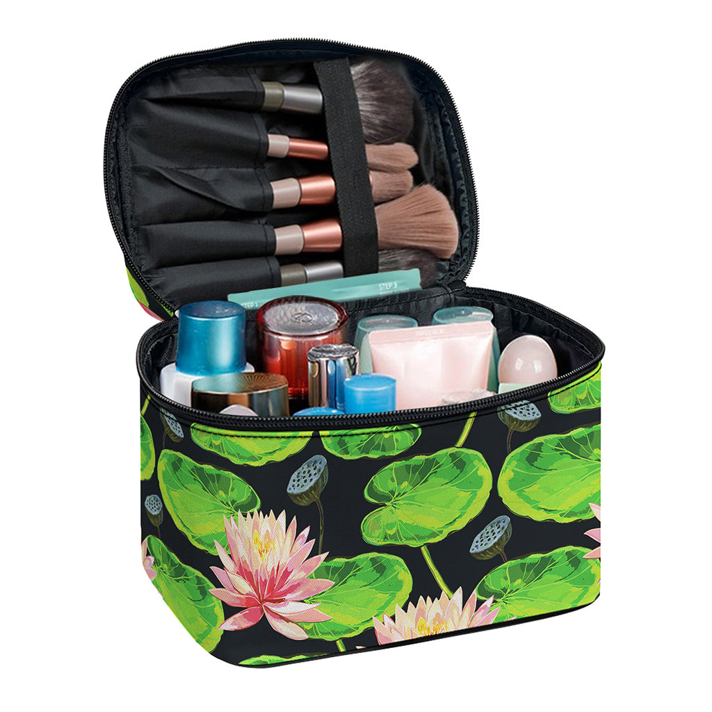 Water Lily Flower Pattern Print Travel Makeup Bag