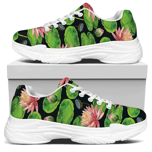 Water Lily Flower Pattern Print White Chunky Shoes