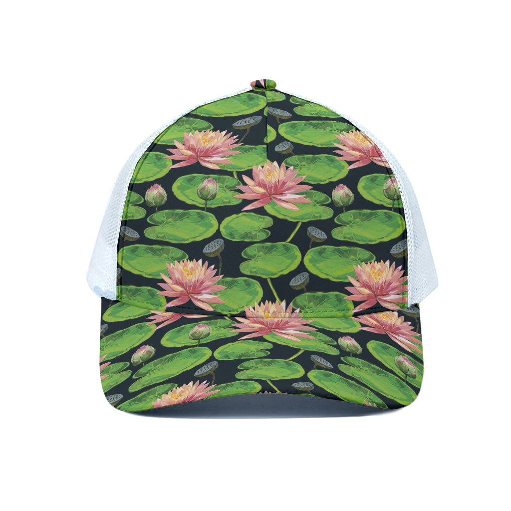 Water Lily Flower Pattern Print White Mesh Trucker Cap