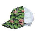 Water Lily Flower Pattern Print White Mesh Trucker Cap