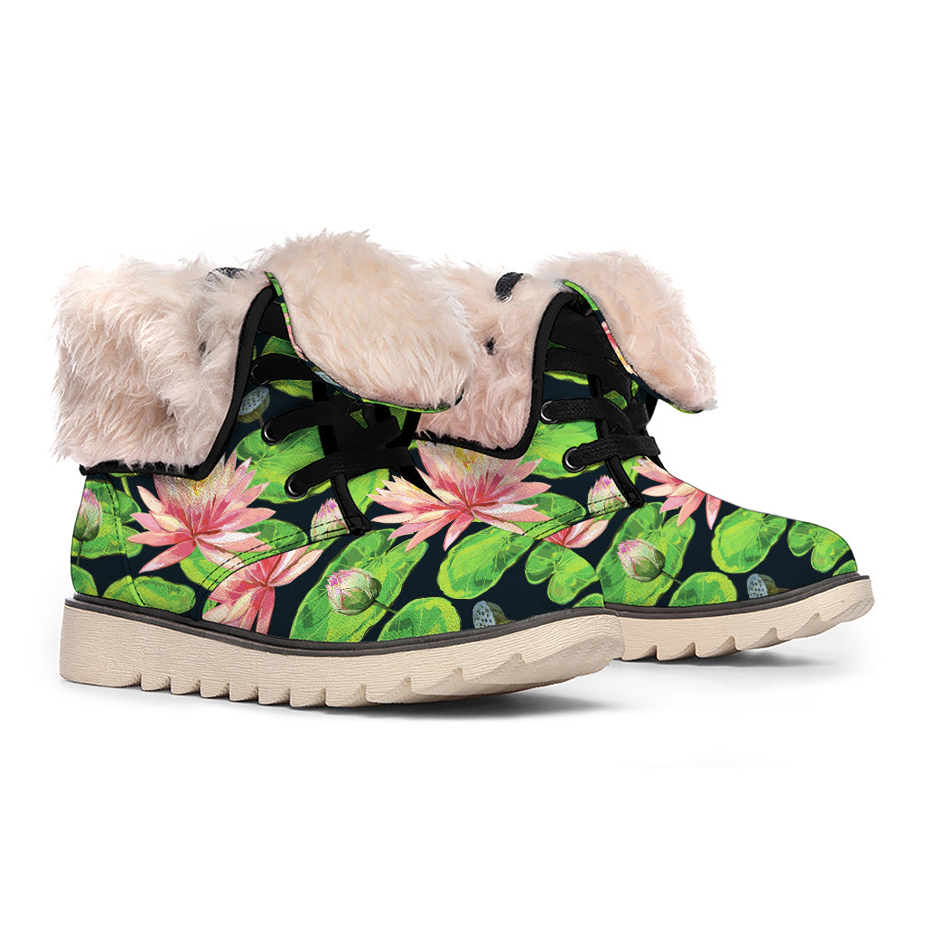 Water Lily Flower Pattern Print Winter Boots