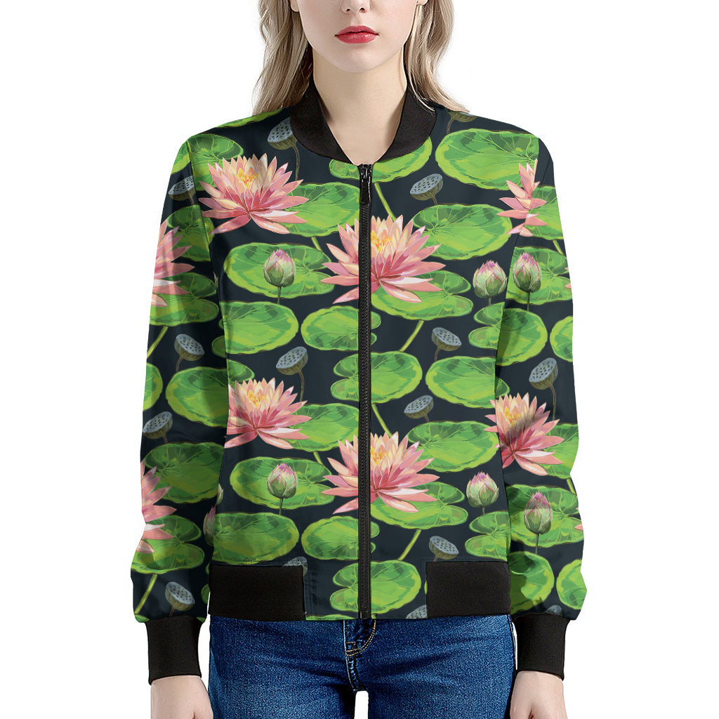 Water Lily Flower Pattern Print Women's Bomber Jacket