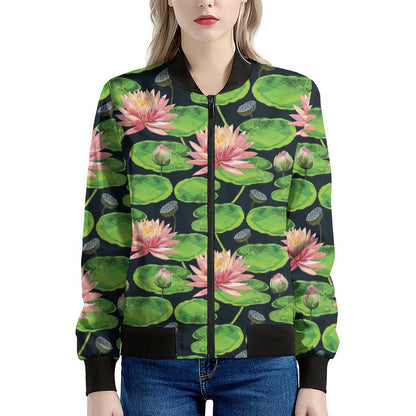 Water Lily Flower Pattern Print Women's Bomber Jacket