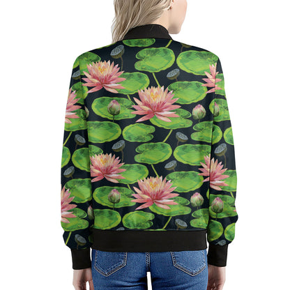 Water Lily Flower Pattern Print Women's Bomber Jacket