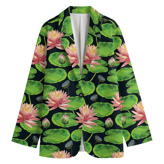 Water Lily Flower Pattern Print Women's Cotton Blazer