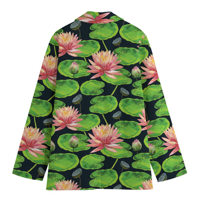 Water Lily Flower Pattern Print Women's Cotton Blazer