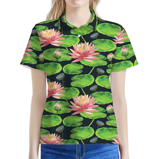 Water Lily Flower Pattern Print Women's Polo Shirt