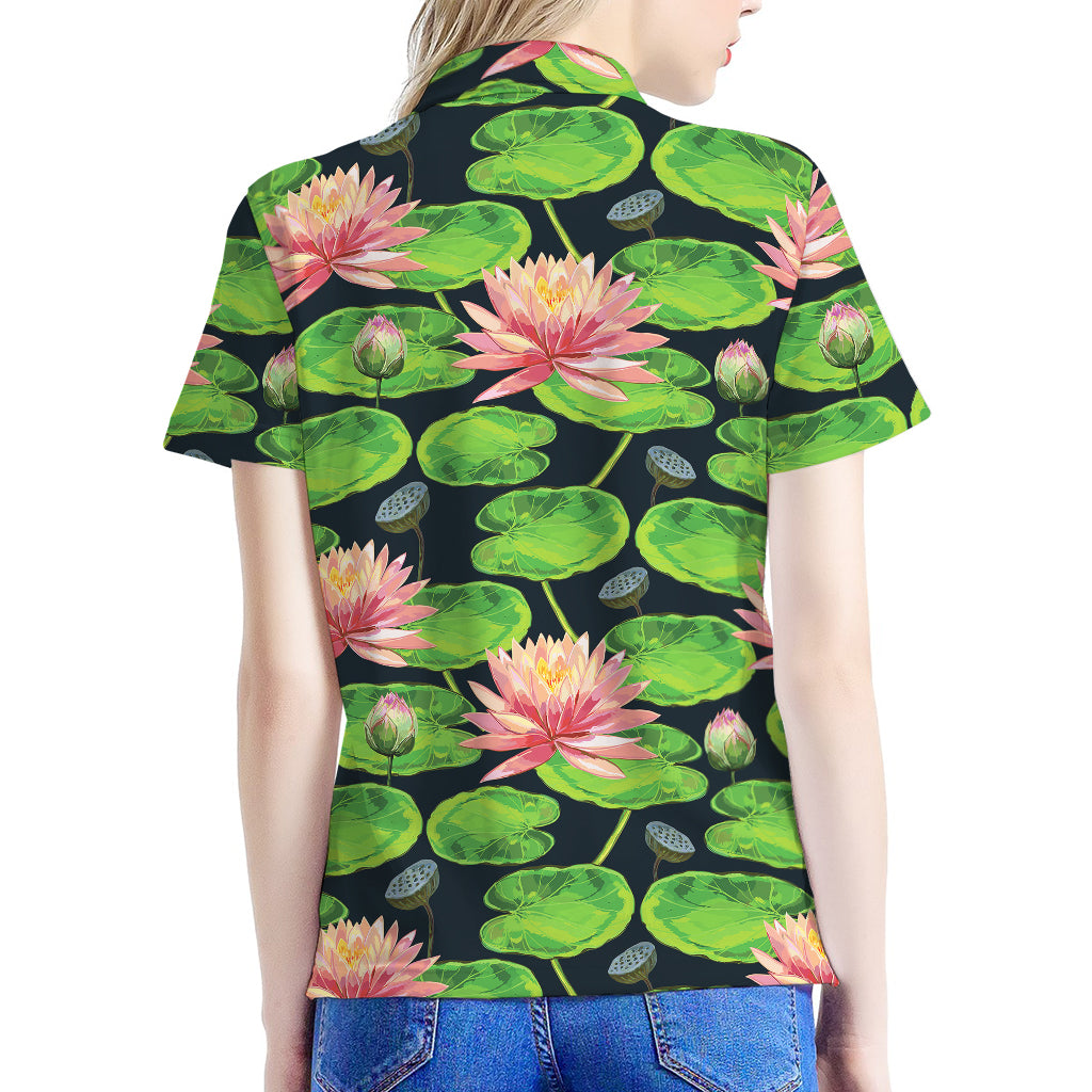 Water Lily Flower Pattern Print Women's Polo Shirt
