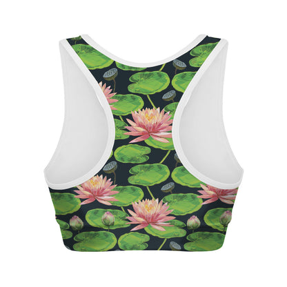 Water Lily Flower Pattern Print Women's Sports Bra