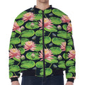Water Lily Flower Pattern Print Zip Sleeve Bomber Jacket