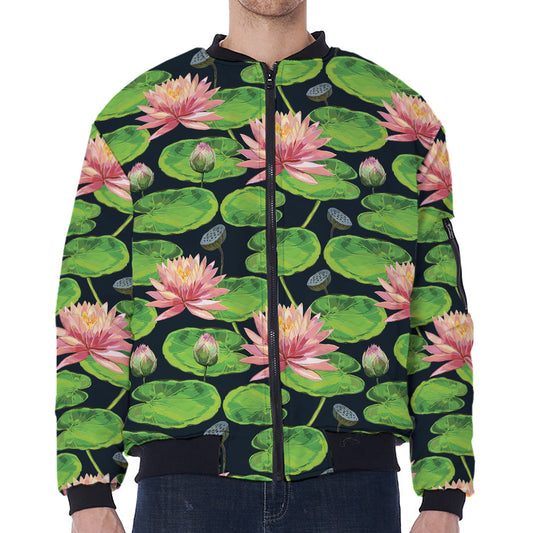 Water Lily Flower Pattern Print Zip Sleeve Bomber Jacket