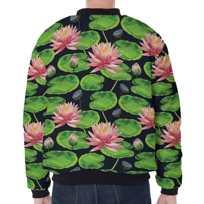 Water Lily Flower Pattern Print Zip Sleeve Bomber Jacket