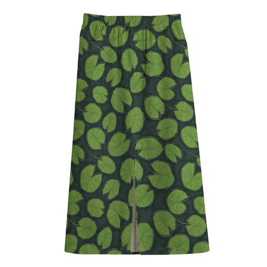 Water Lily Pads Pattern Print Cotton Front Slit Maxi Skirt