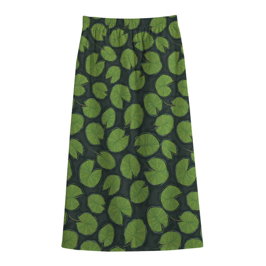 Water Lily Pads Pattern Print Cotton Front Slit Maxi Skirt