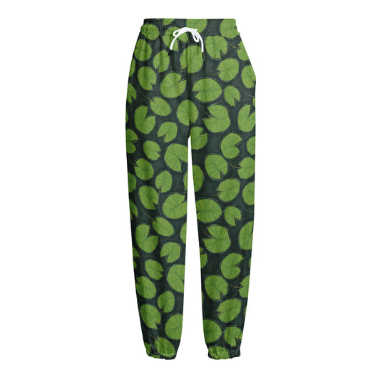 Water Lily Pads Pattern Print Fleece Lined Knit Pants