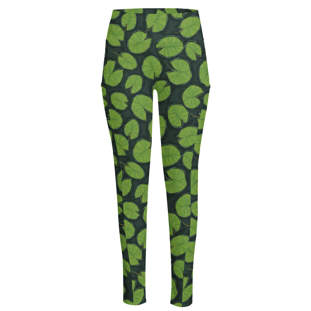 Water Lily Pads Pattern Print High-Waisted Pocket Leggings