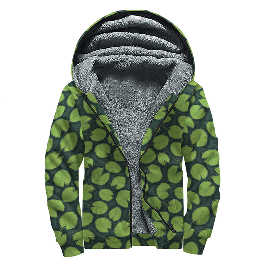 Water Lily Pads Pattern Print Sherpa Lined Zip Up Hoodie