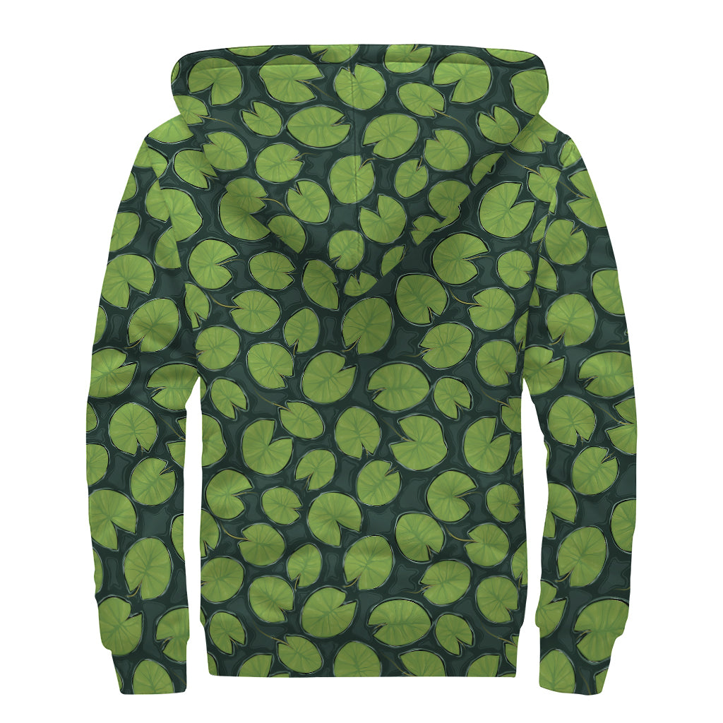 Water Lily Pads Pattern Print Sherpa Lined Zip Up Hoodie