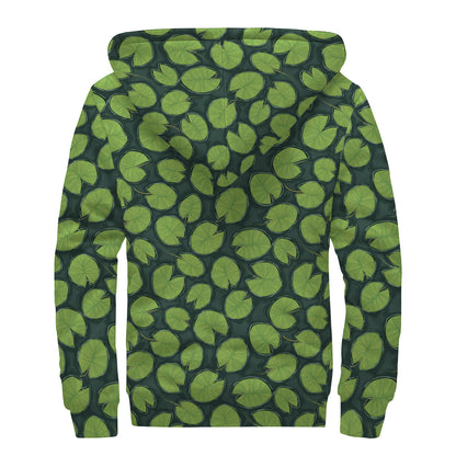 Water Lily Pads Pattern Print Sherpa Lined Zip Up Hoodie