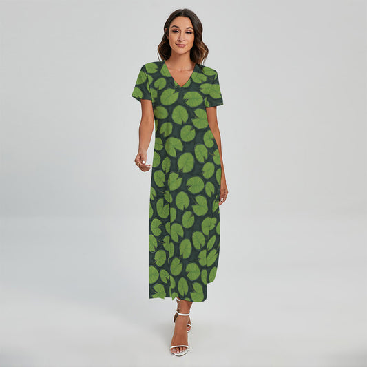 Water Lily Pads Pattern Print Short Sleeve Maxi Dress