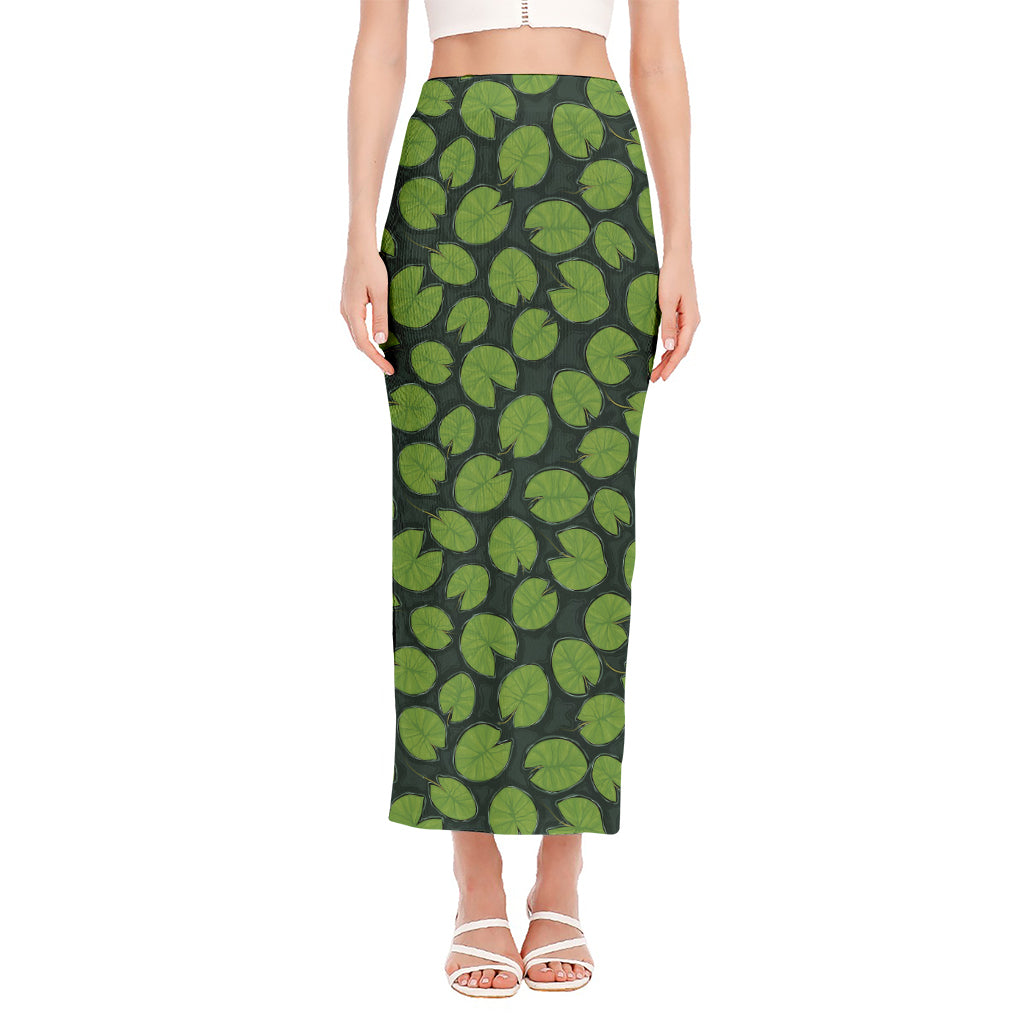 Water Lily Pads Pattern Print Side Slit Maxi Skirt