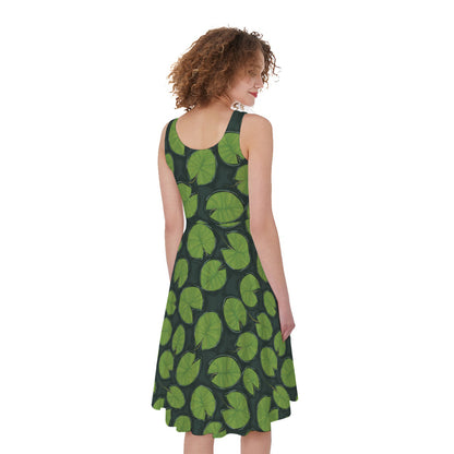 Water Lily Pads Pattern Print Women's Sleeveless Dress