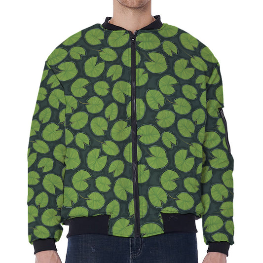 Water Lily Pads Pattern Print Zip Sleeve Bomber Jacket