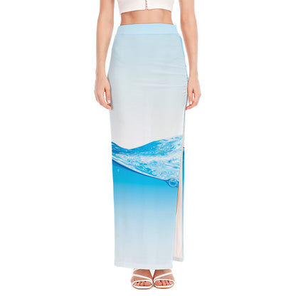 Water Wave Print High Slit Maxi Skirt