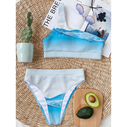 Water Wave Print One Shoulder Bikini Top