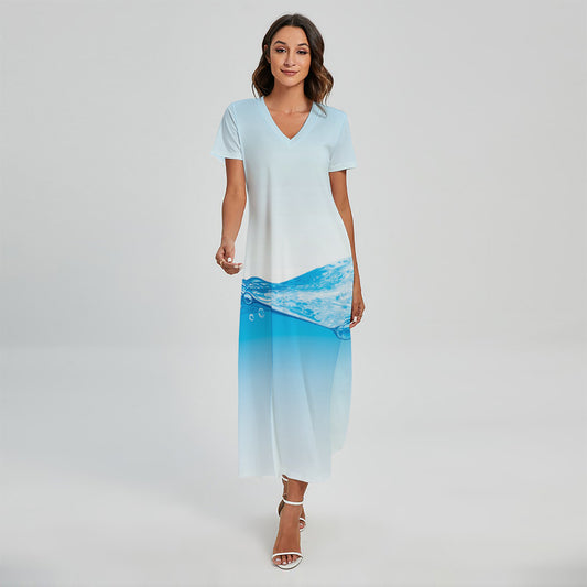 Water Wave Print Short Sleeve Maxi Dress