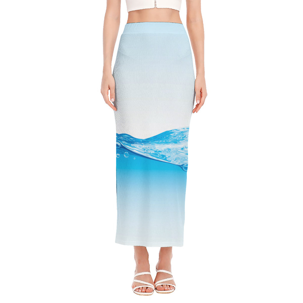 Water Wave Print Side Slit Maxi Skirt