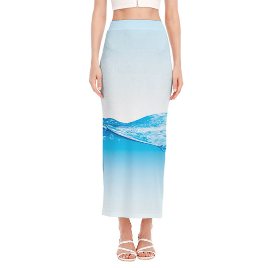 Water Wave Print Side Slit Maxi Skirt