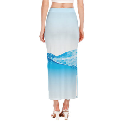 Water Wave Print Side Slit Maxi Skirt