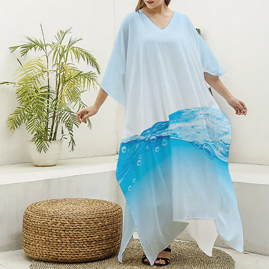 Water Wave Print Silk V-Neck Kaftan Dress