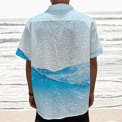 Water Wave Print Textured Short Sleeve Shirt