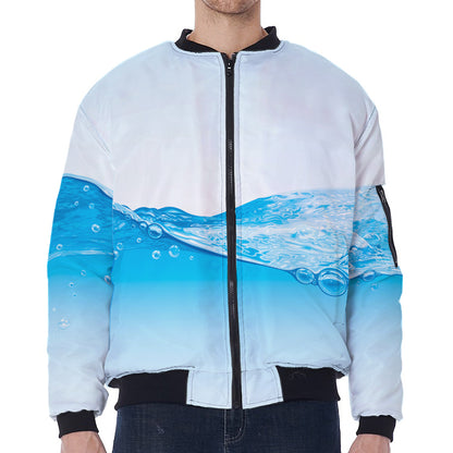 Water Wave Print Zip Sleeve Bomber Jacket