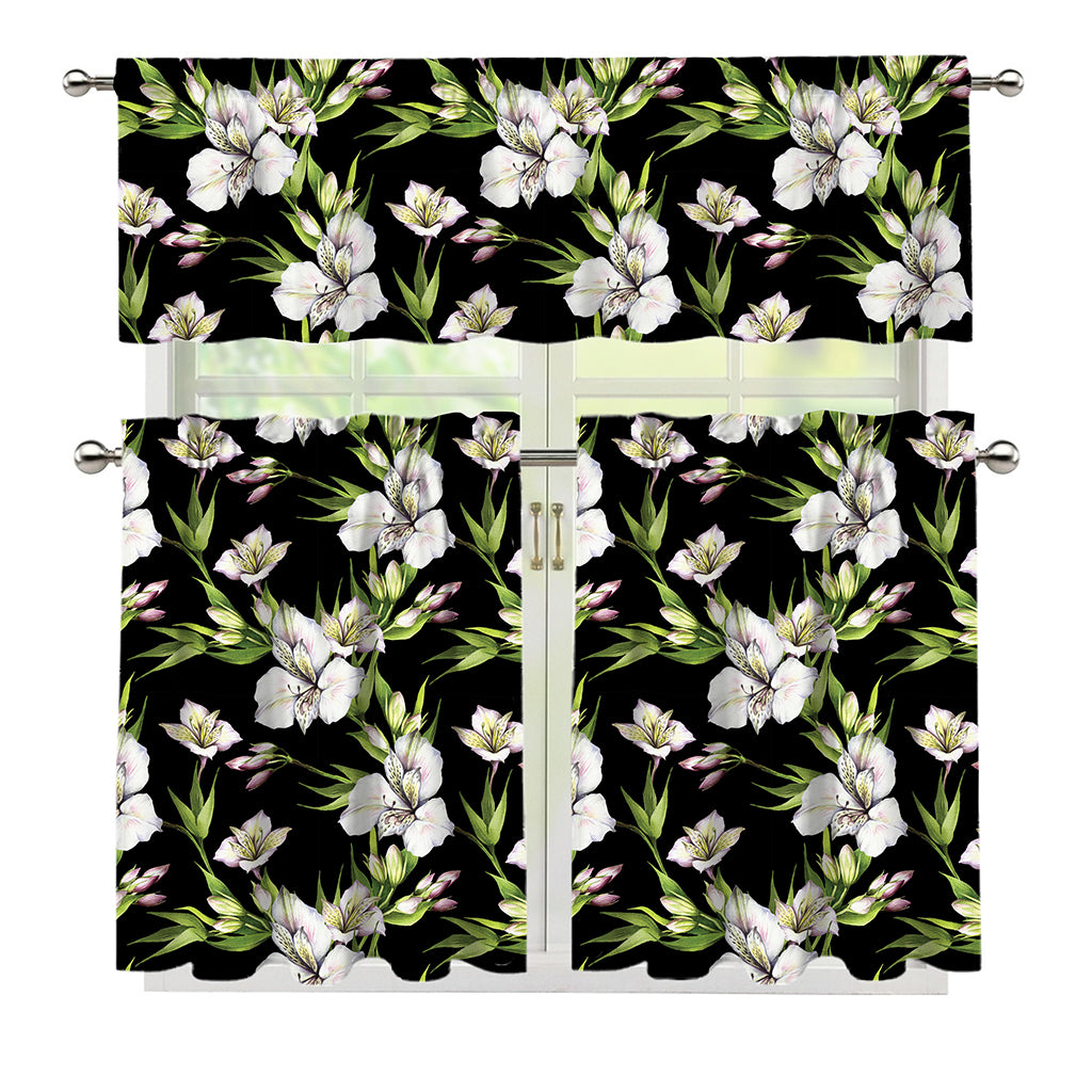 Watercolor Alstroemeria Pattern Print 3 Piece Kitchen Curtains