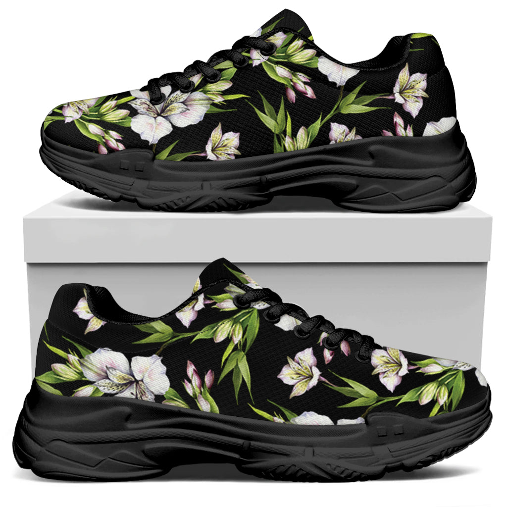 Watercolor Alstroemeria Pattern Print Black Chunky Shoes