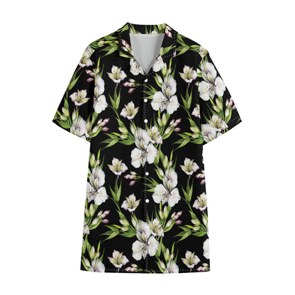 Watercolor Alstroemeria Pattern Print Cotton Hawaiian Shirt