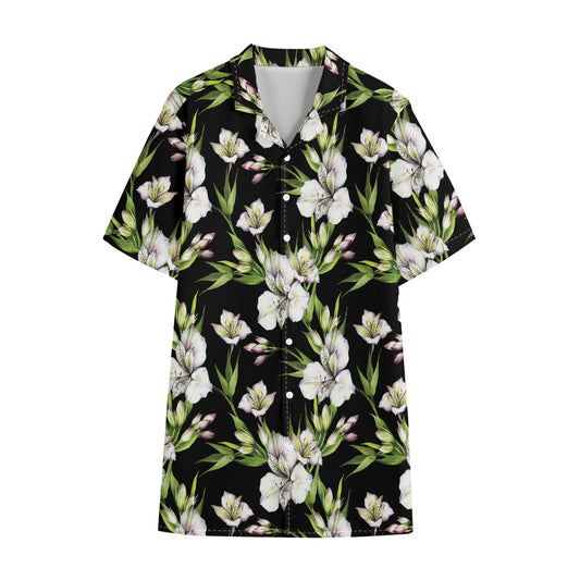 Watercolor Alstroemeria Pattern Print Cotton Hawaiian Shirt
