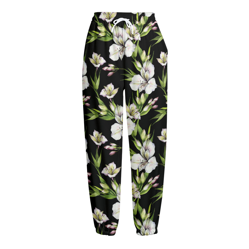 Watercolor Alstroemeria Pattern Print Fleece Lined Knit Pants