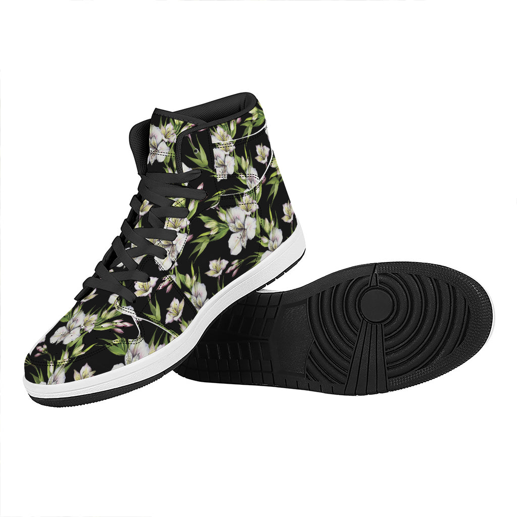 Watercolor Alstroemeria Pattern Print High Top Leather Sneakers
