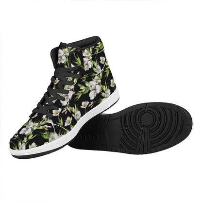 Watercolor Alstroemeria Pattern Print High Top Leather Sneakers