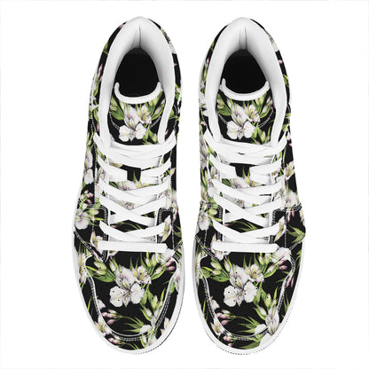 Watercolor Alstroemeria Pattern Print High Top Leather Sneakers