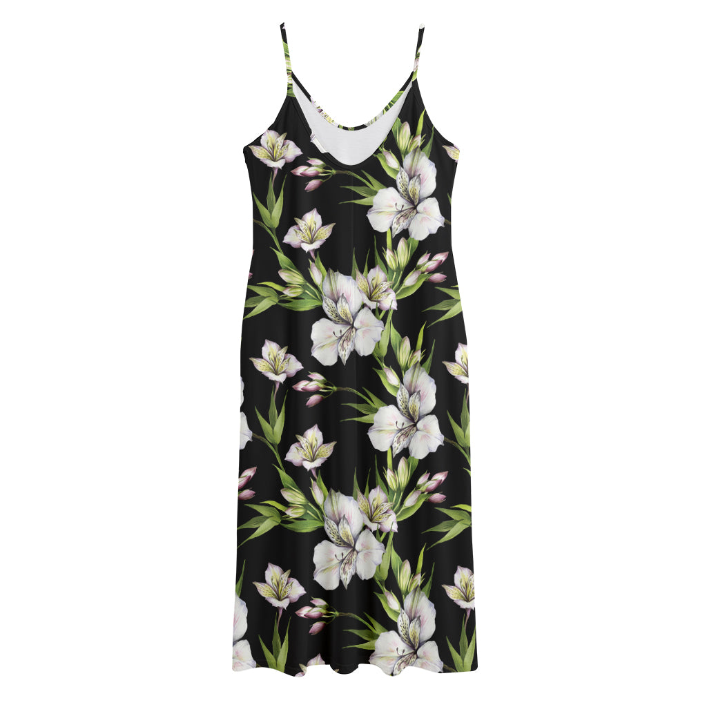 Watercolor Alstroemeria Pattern Print Jersey Midi Cami Dress