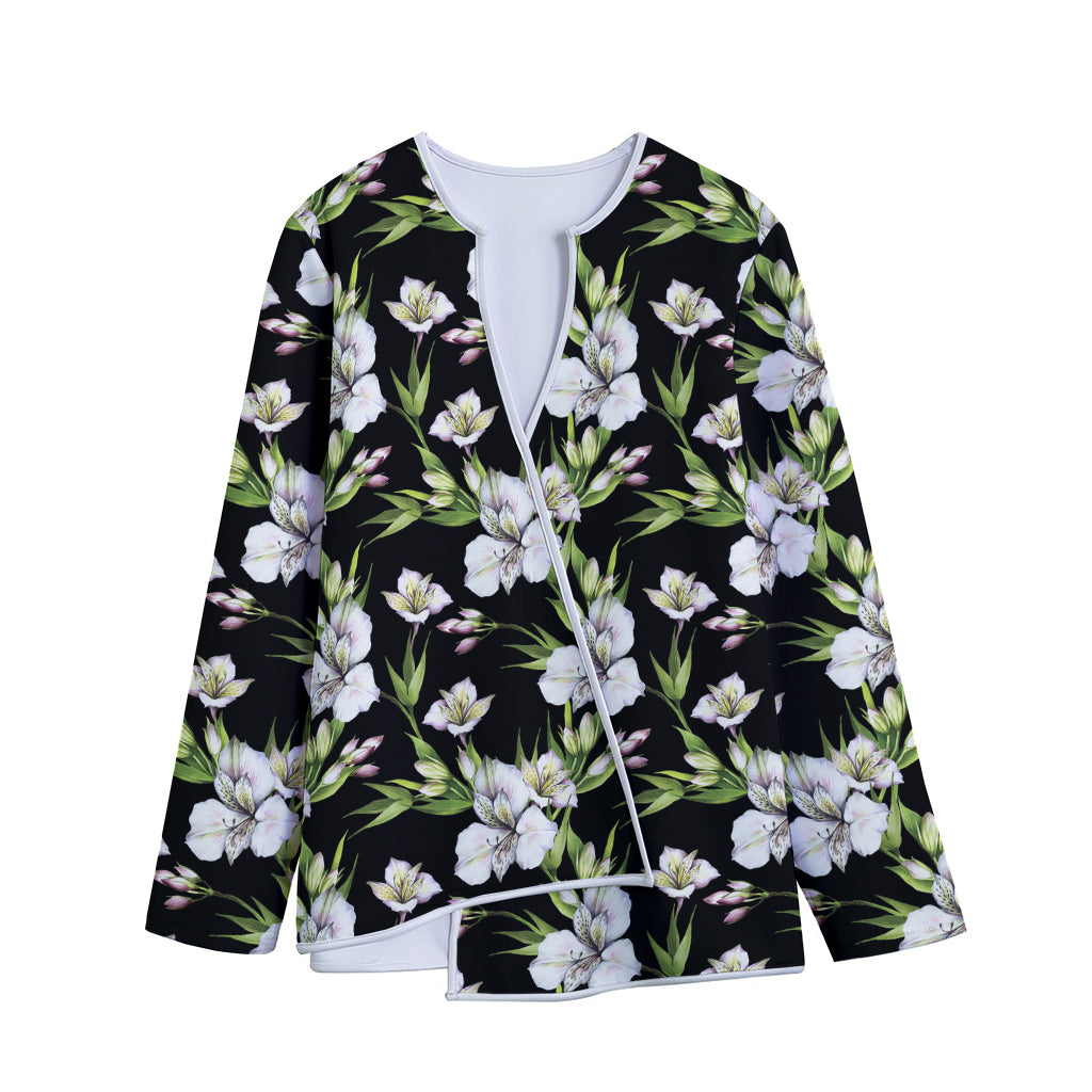 Watercolor Alstroemeria Pattern Print Long Sleeve Short Coat