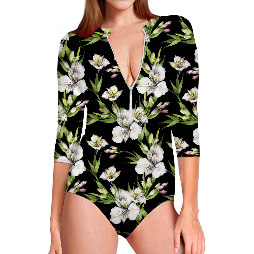 Watercolor Alstroemeria Pattern Print Long Sleeve Swimsuit