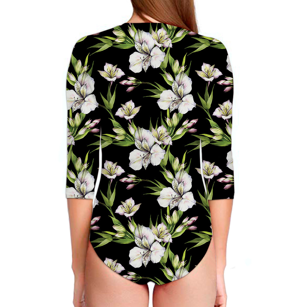 Watercolor Alstroemeria Pattern Print Long Sleeve Swimsuit