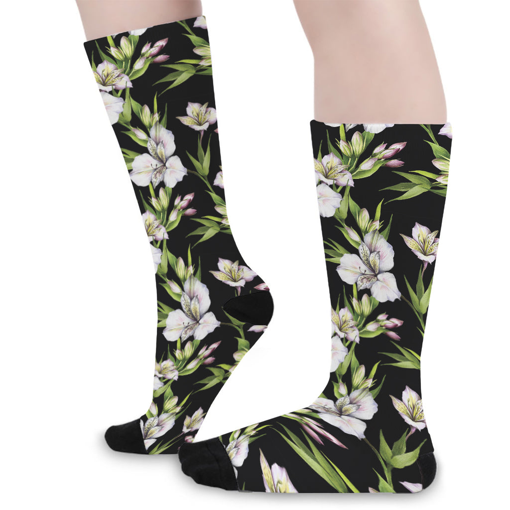 Watercolor Alstroemeria Pattern Print Long Socks