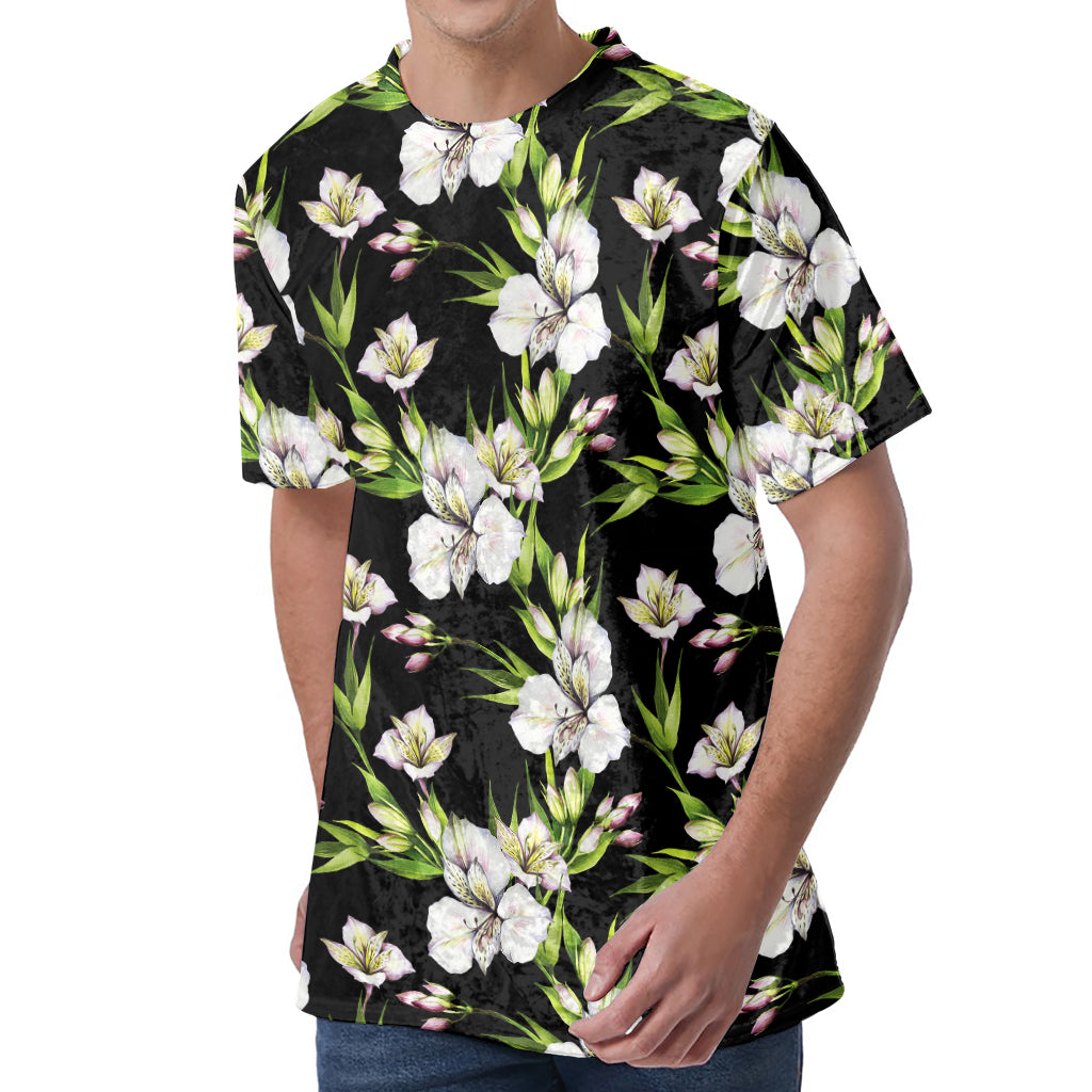 Watercolor Alstroemeria Pattern Print Men's Velvet T-Shirt